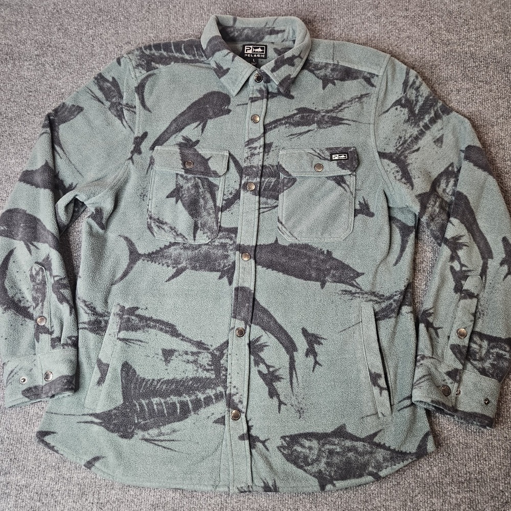 Pelagic Men's Polar Fleece Shirt Jacket Gyotaku Fish Print Snap Front Size Large